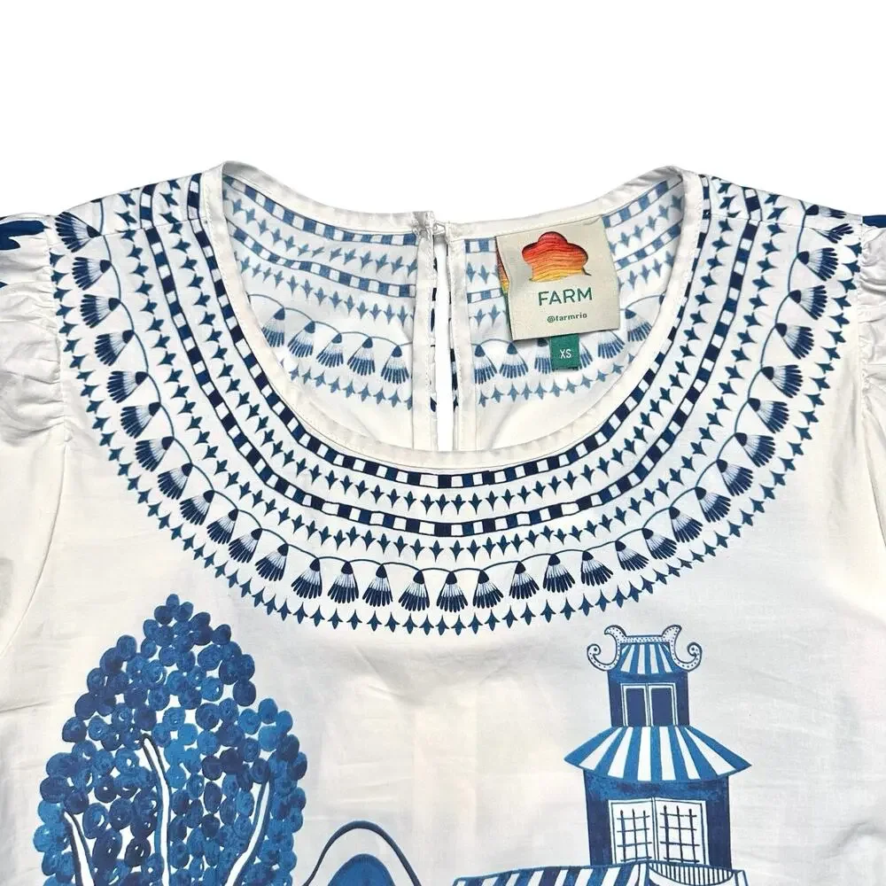 FARM Rio | Women | Ancient Garden Blue White Cotton Poplin Midi Dress | Size XS